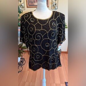 NWT Vintage Stenay Size X-Large Black Silk Beaded Sequin Tunic Blouse Top